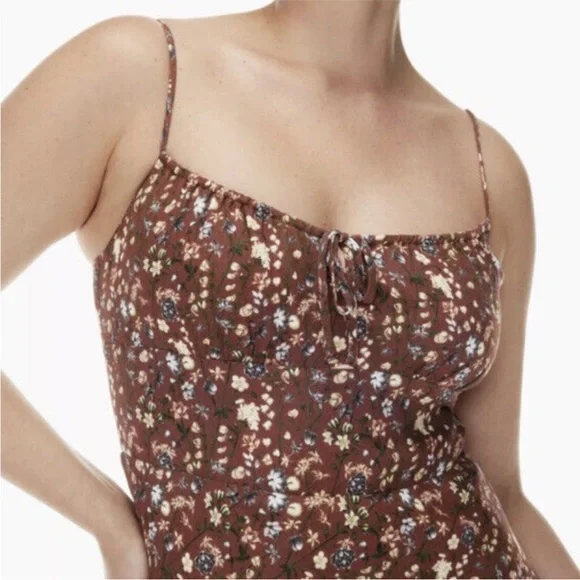 ARITZIA Wilfred Bellow Midi Dress Brown Floral Smocked Back Milkmaid Size 2 - Picture 2 of 8